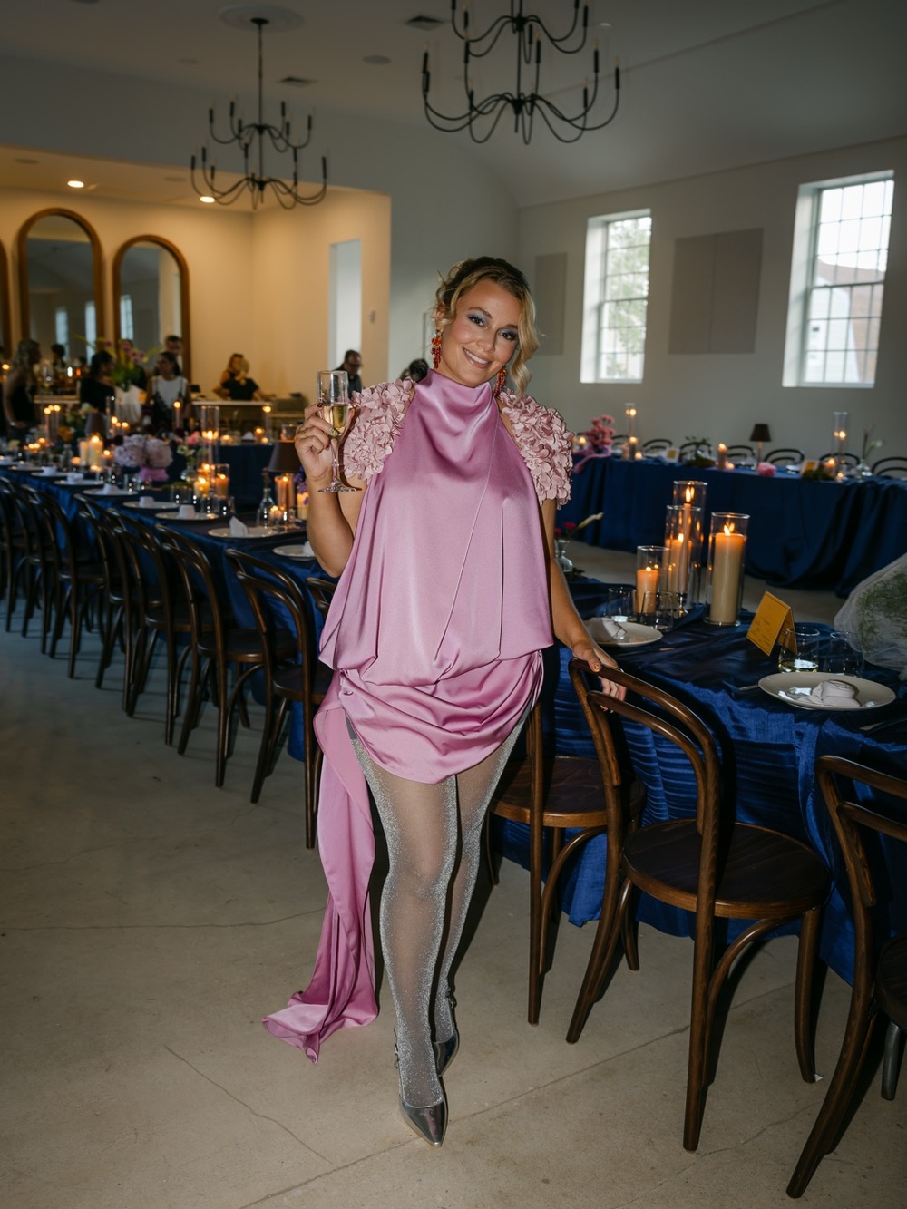 High-Neck Mini Dress with Ruffled Shoulders in Pink